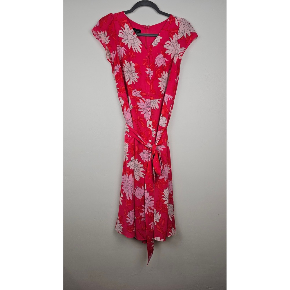Talbots Dress Women 4P Pink Chrysanthemum Floral Belted Button Down Pockets